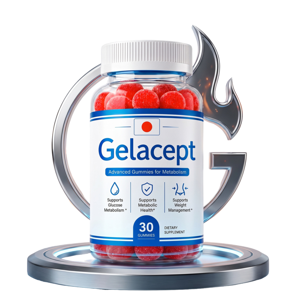 Gelacept gummies bottle on a silver stand with the G emblem